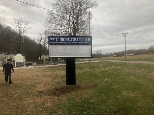 Watershed Baptist Church, Cumberland Furnace TN: Illuminated primary sign with changeable message board, vandal proof feature, LED illumination, all by Adams Signs & Awnings